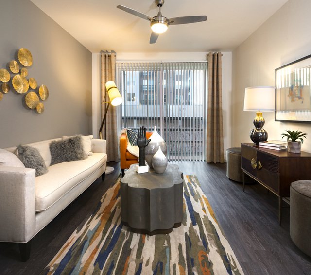 Living room with faux wood flooring